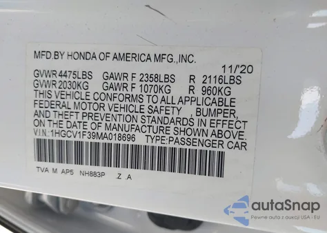 2021 Honda Accord Sport из США, поврежденный, VIN 1HGCV1F39MA018696